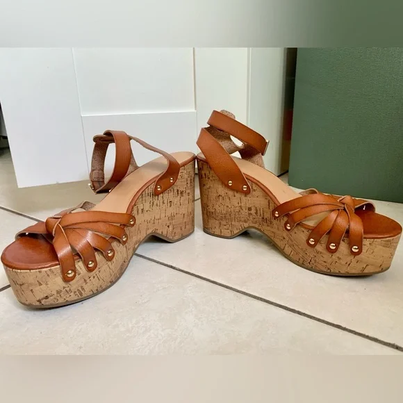 Mossimo Cognac Erie Cork Style Wedge Strappy Sandals SIZE 10 - Picture 7 of 14
